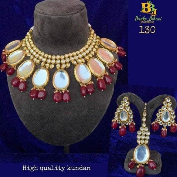 Zevar Bridal necklace Big kundan Bridal Necklace Set Earrings With Maang Tika, By Zevar.- Mehroon