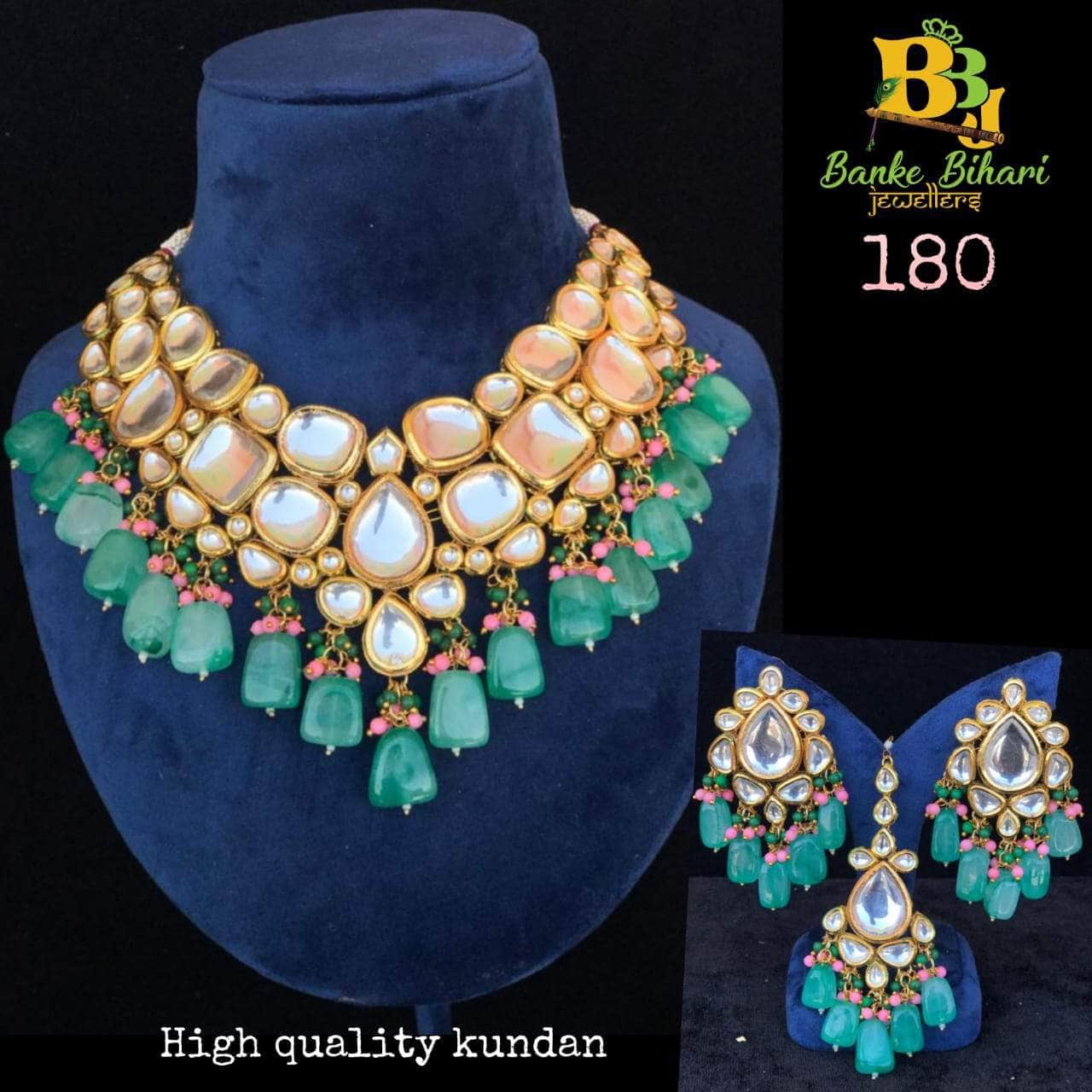 Zevar Bridal necklace Fancy Kundan Choker Necklace With Earring & Mangtikka By Zevar - Green