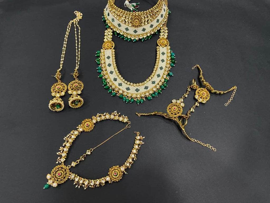 Zevar Bridal necklace Green Gold-Plated Kundan Embellished Handcrafted Jewellery Set By Zevar.