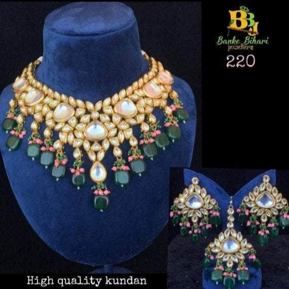 Zevar Bridal necklace Kundan Choker Necklace With Earring & Mangtikka By Zevar - Green