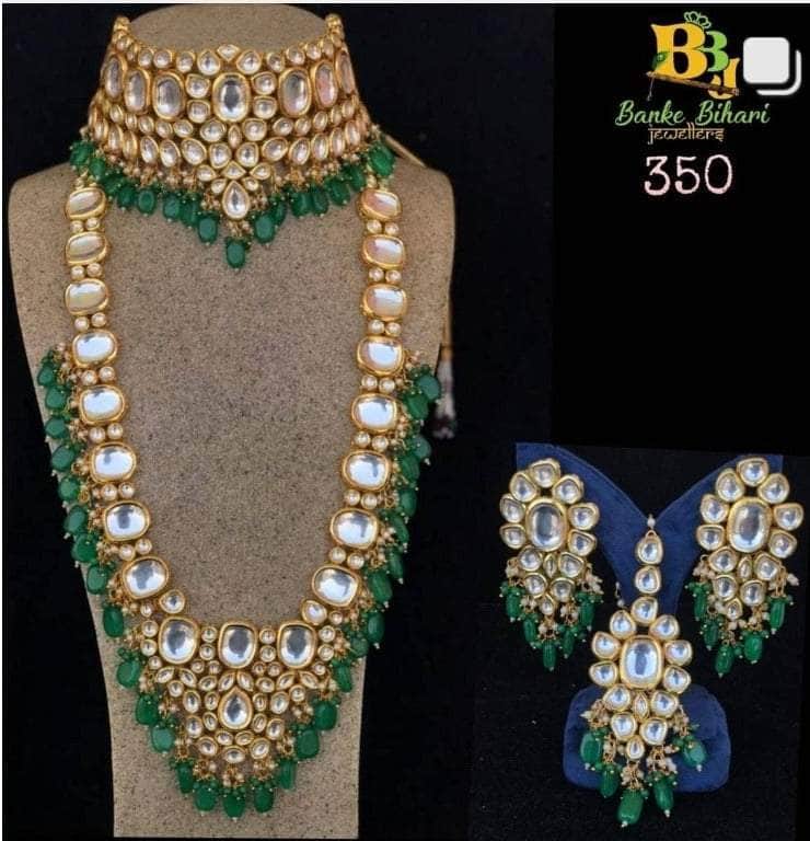 Zevar Bridal necklace PartywearKundan Beads & Pearl Semi Bridal Choker Necklace By Zevar.-Green.