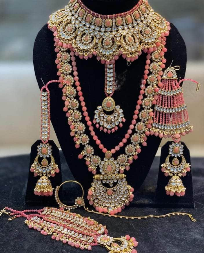 Zevar Bridal necklace Pink Stones Beautifull Kundan Gold Plated Bridal Jewellery Set By Zevar.