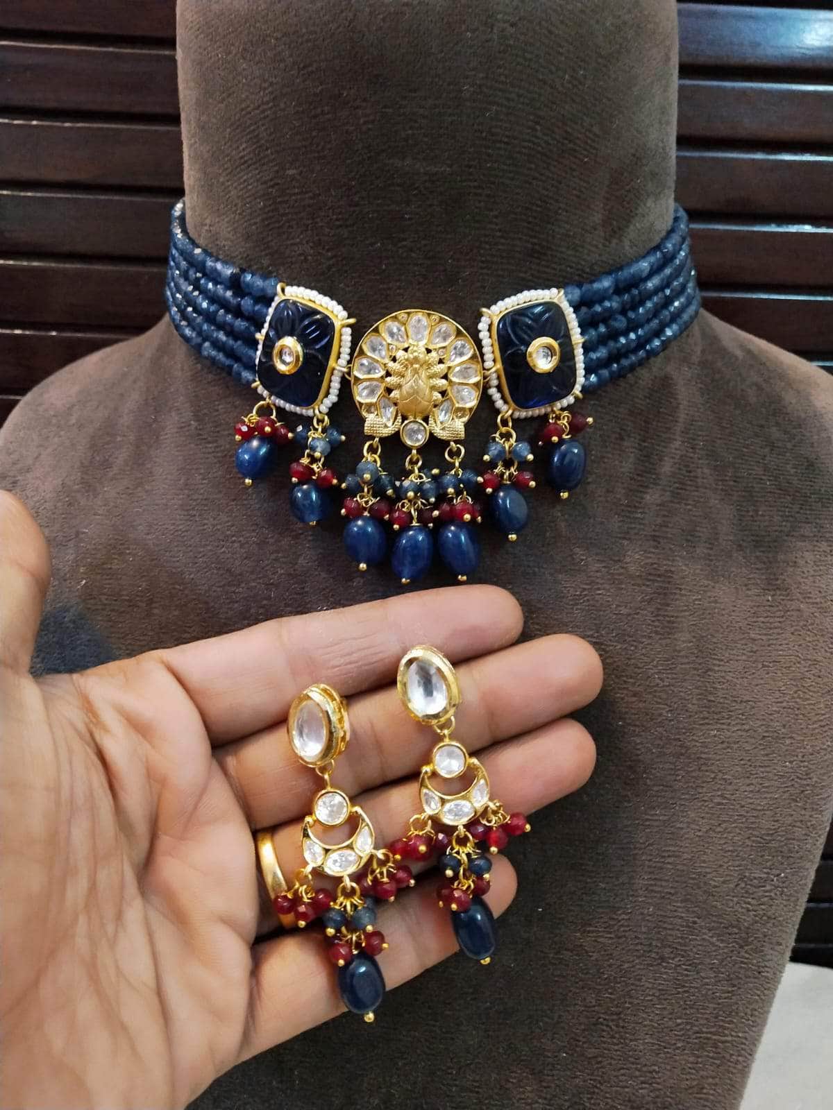 Zevar choker necklace Blue Pearl & Beads Kundan Choker Necklace By Zevar
