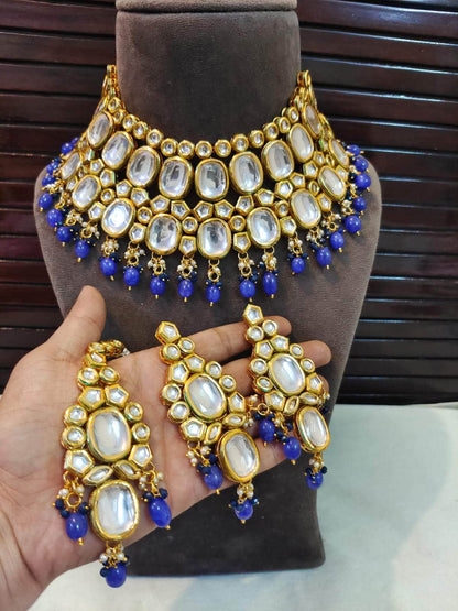Zevar choker necklace Dark Bule Pearl Studded Choker Necklace Set By Zevar