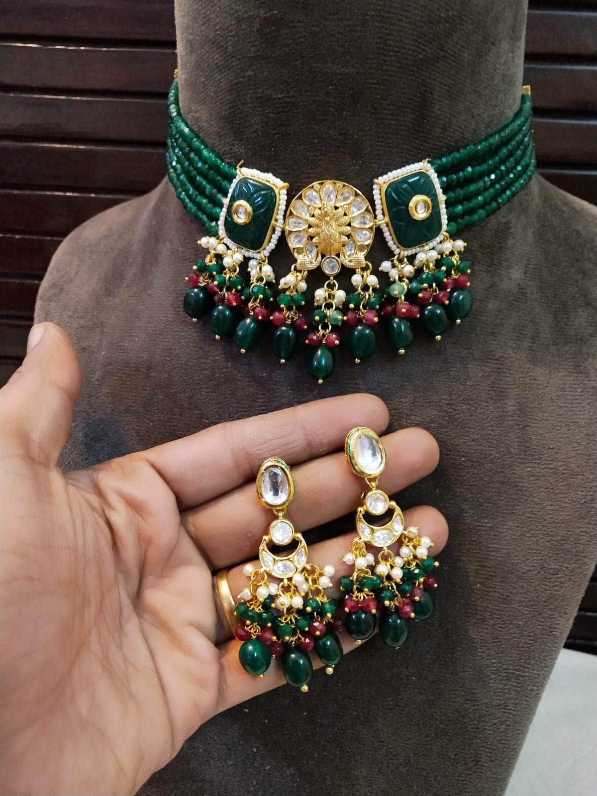 Zevar choker necklace Dark green Pearl & Beads Kundan Choker Necklace By Zevar