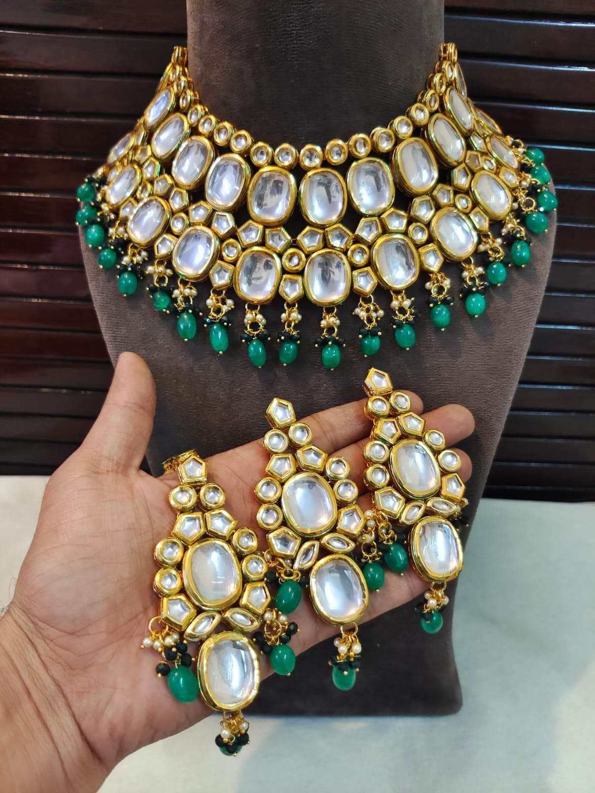 Zevar choker necklace Dark Green Pearl Studded Choker Necklace Set By Zevar