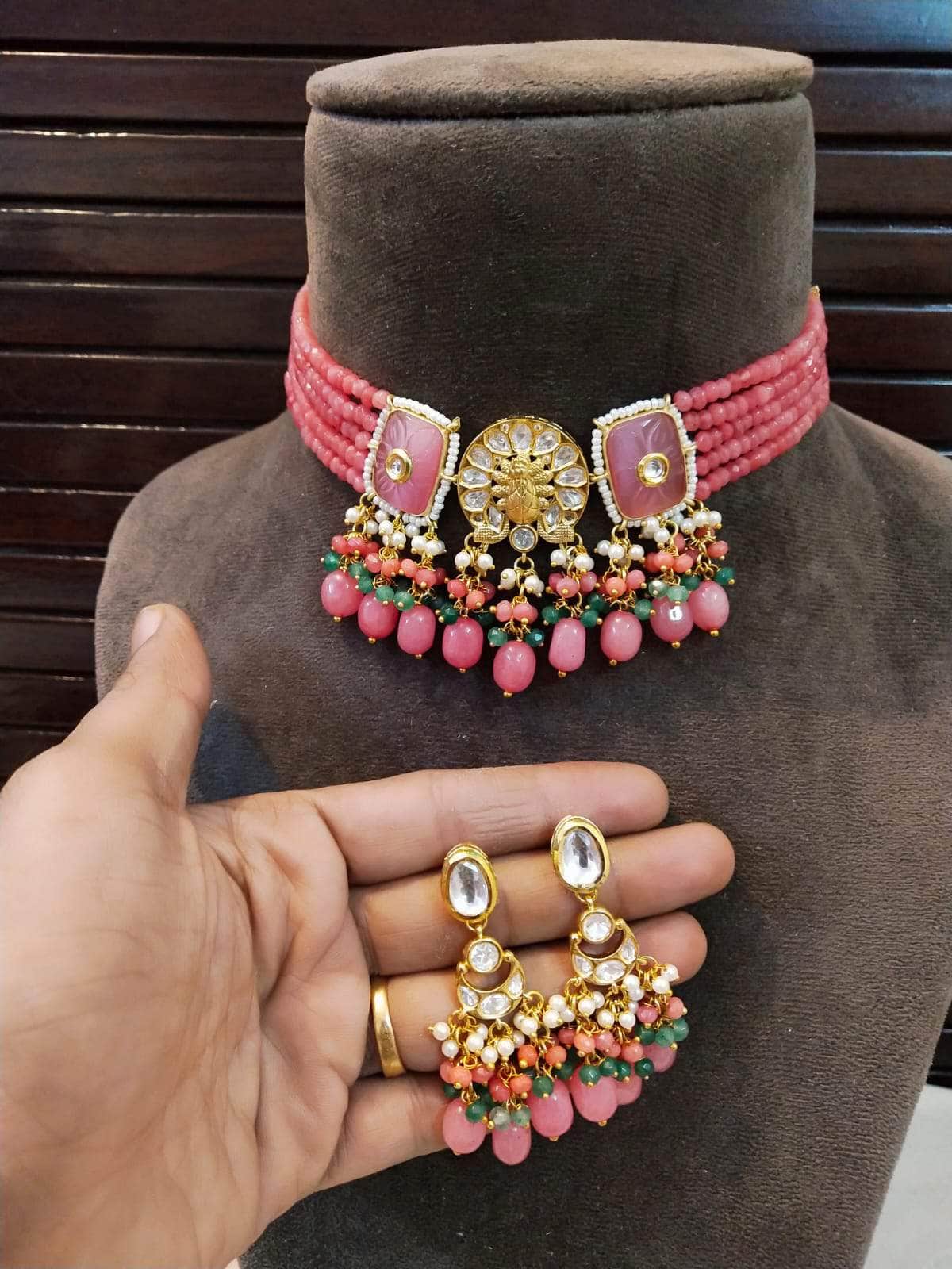 Zevar choker necklace Dark Pink Pearl & Beads Kundan Choker Necklace By Zevar