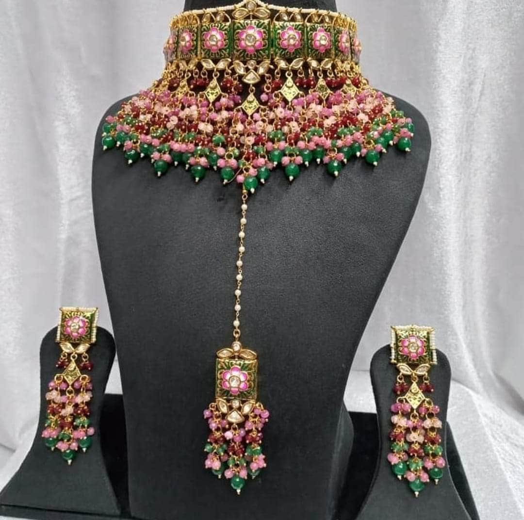 Zevar choker necklace Green Party Wear Pearl Choker Necklace Set By Zevar