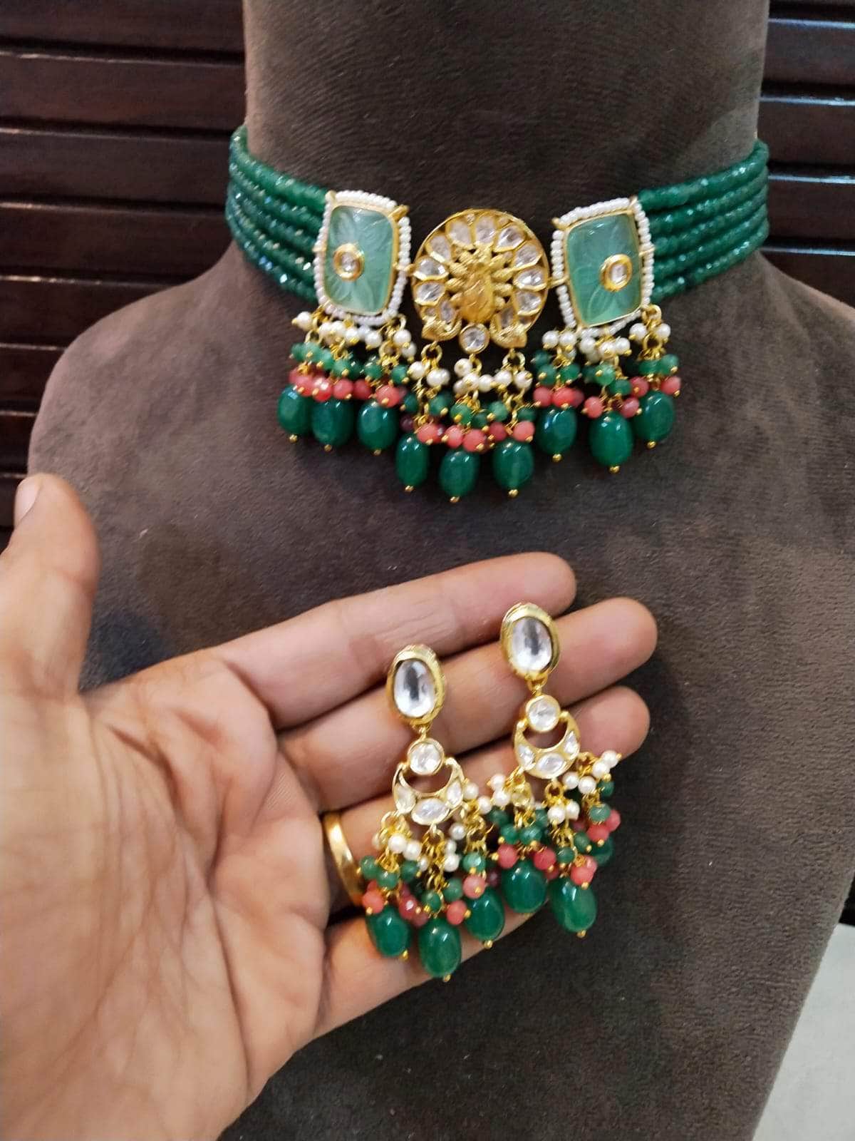 Zevar choker necklace green Pearl & Beads Kundan Choker Necklace By Zevar