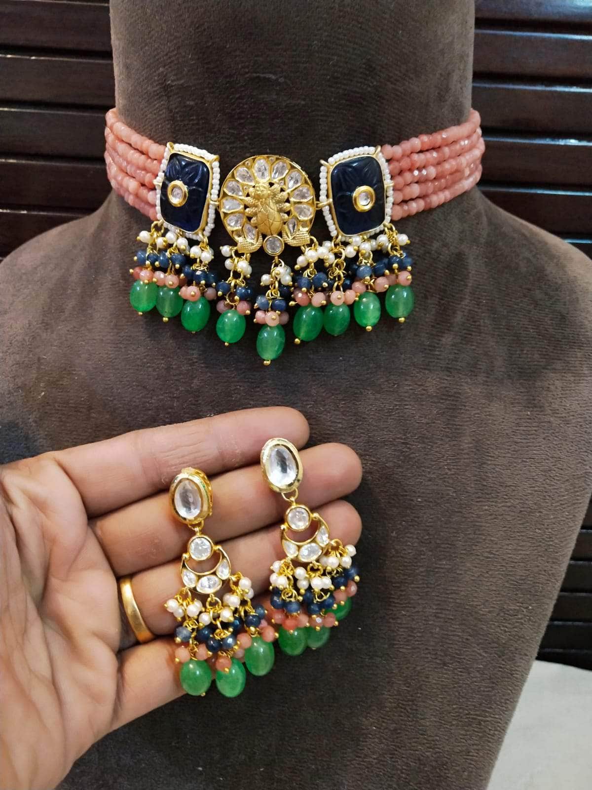 Zevar choker necklace Green&Pink Pearl & Beads Kundan Choker Necklace By Zevar