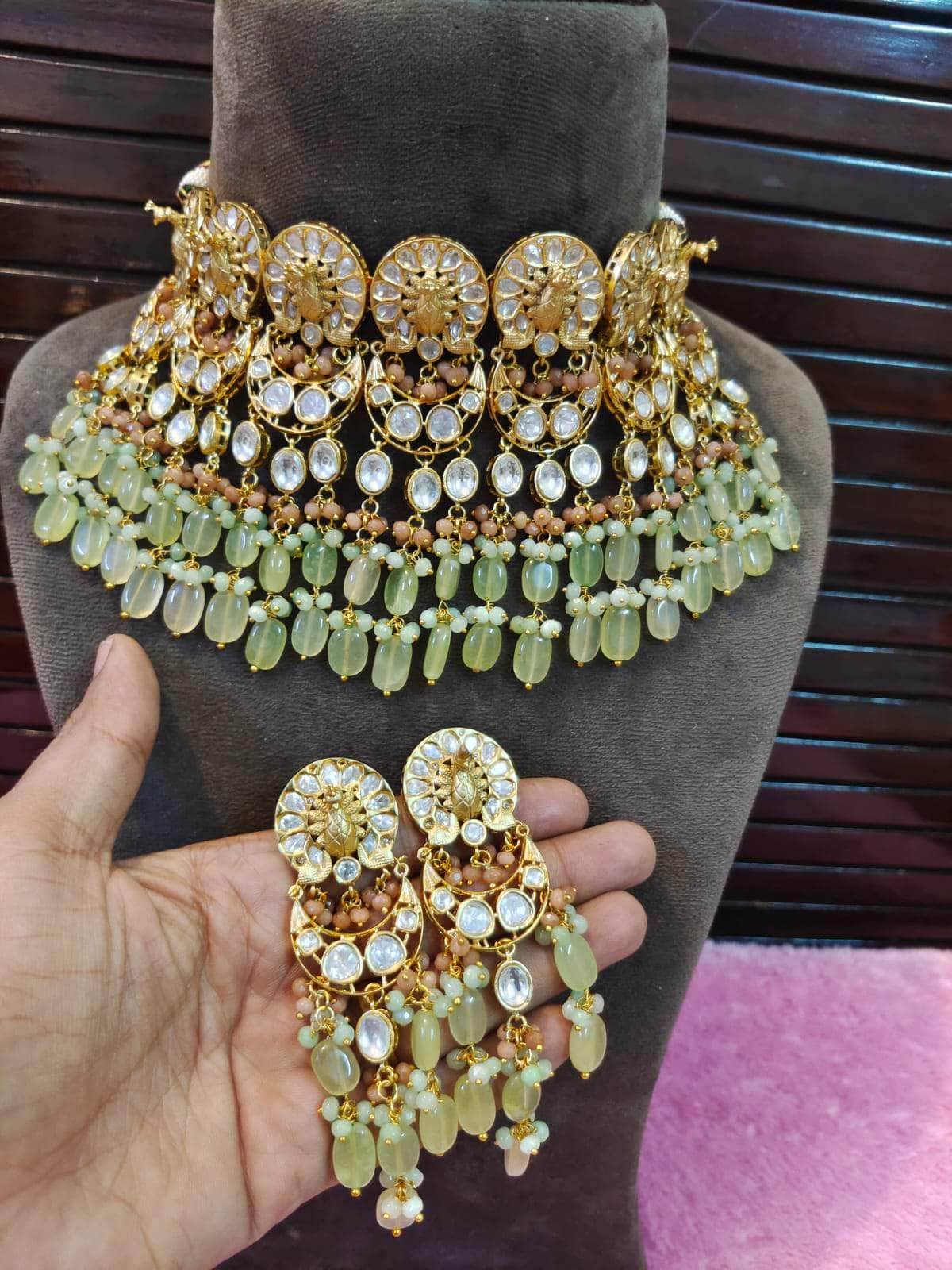 Zevar choker necklace Kundan Green Choker Necklace Set By Zevar