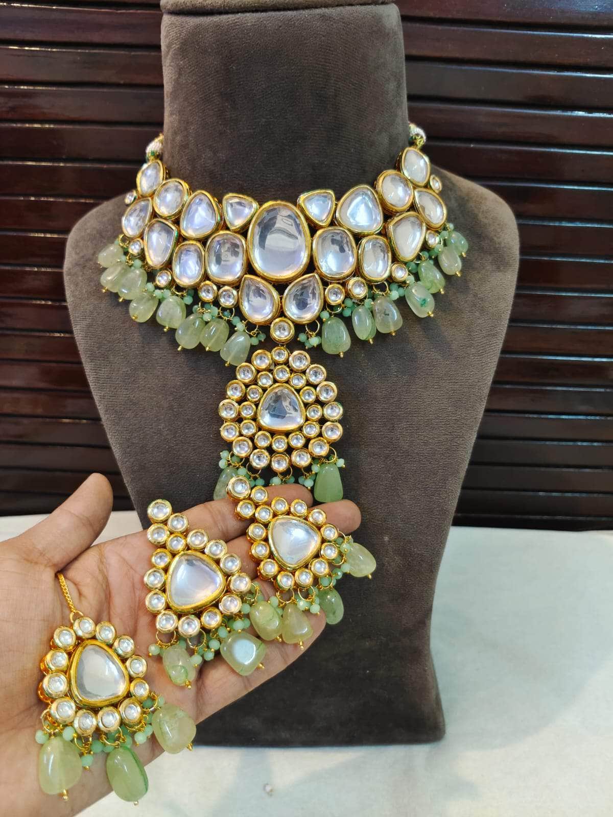 Zevar choker necklace light green Gold Tone Kundan Necklace with Earrings By Zevar