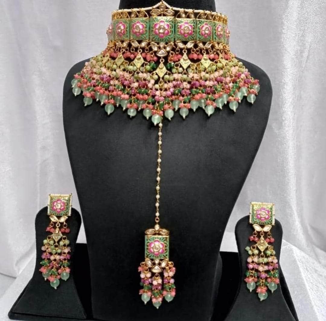 Zevar choker necklace Light Green Party Wear Pearl Choker Necklace Set By Zevar