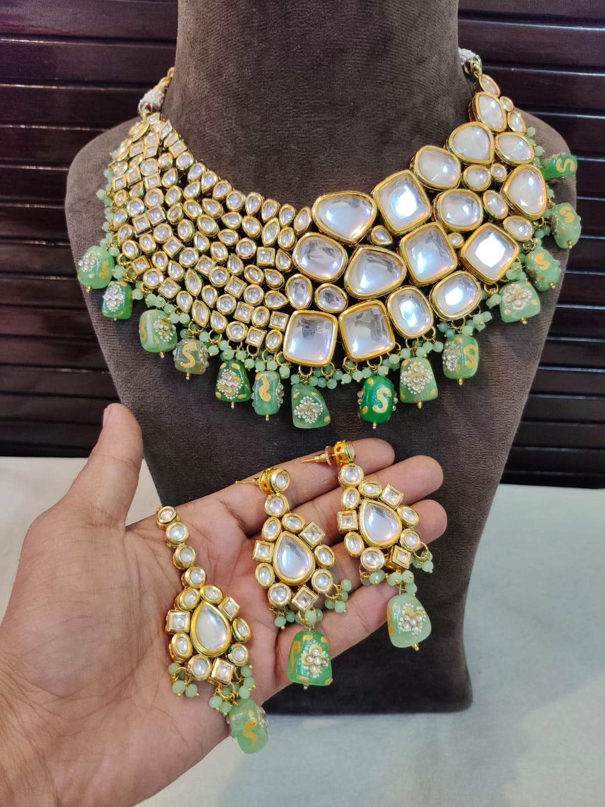 Zevar choker necklace Light Green Pearl Studded Choker Necklace Set By Zevar