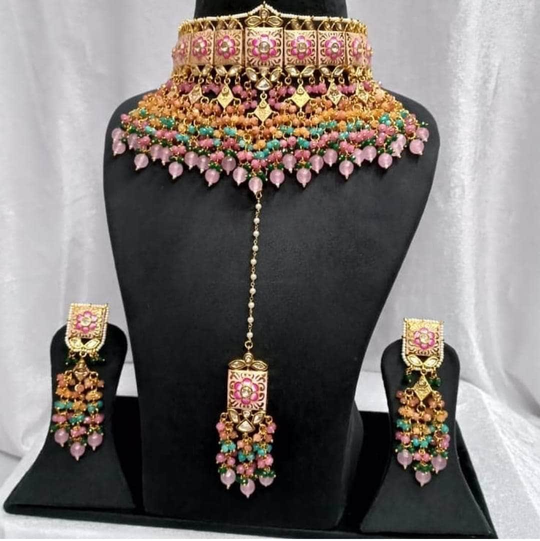 Zevar choker necklace Light Pink Party Wear Pearl Choker Necklace Set By Zevar