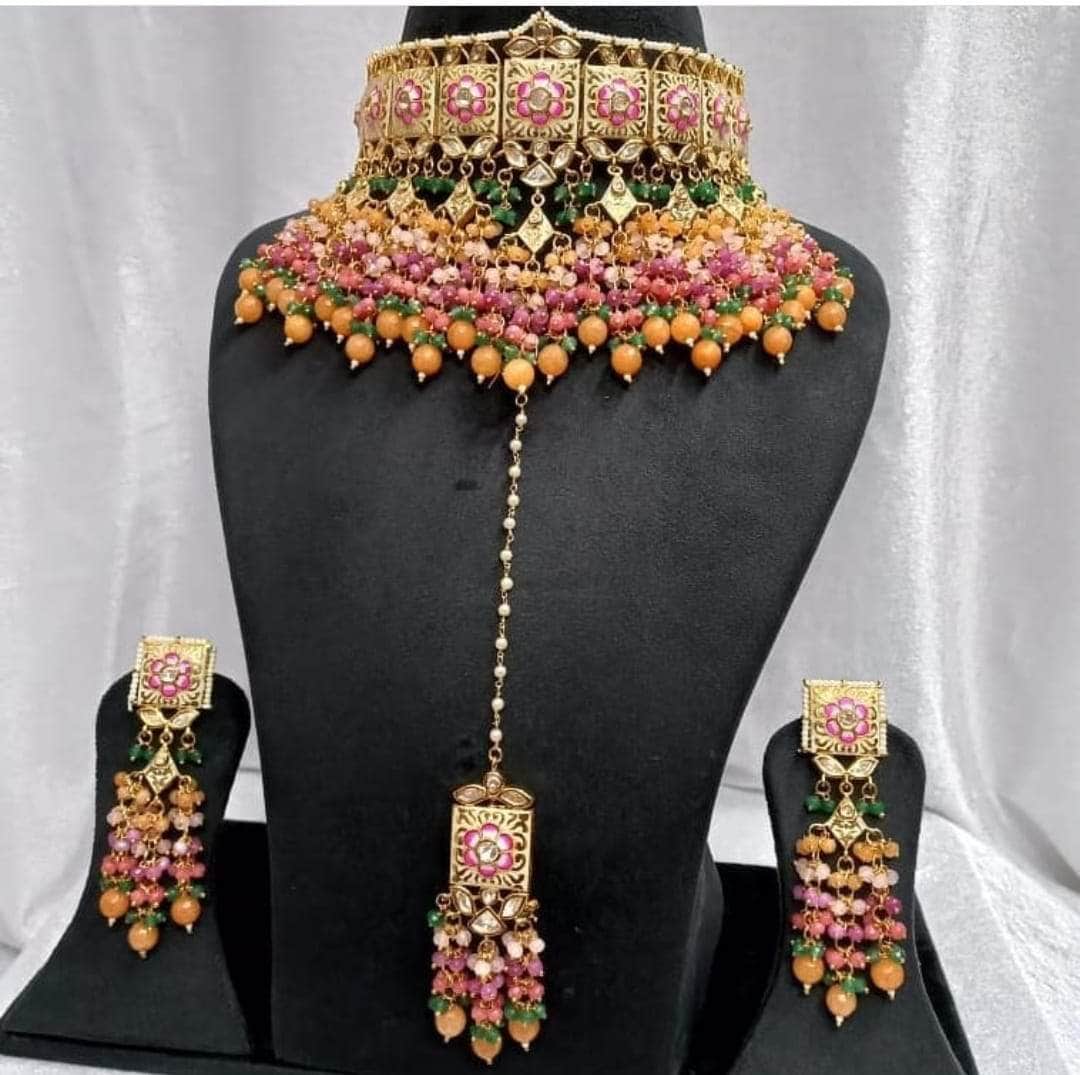 Zevar choker necklace Orange Party Wear Pearl Choker Necklace Set By Zevar