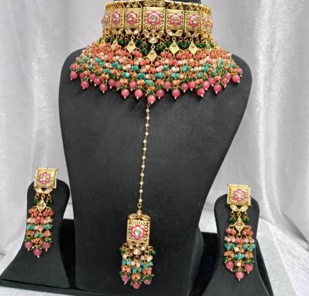 Zevar choker necklace Pink Party Wear Pearl Choker Necklace Set By Zevar