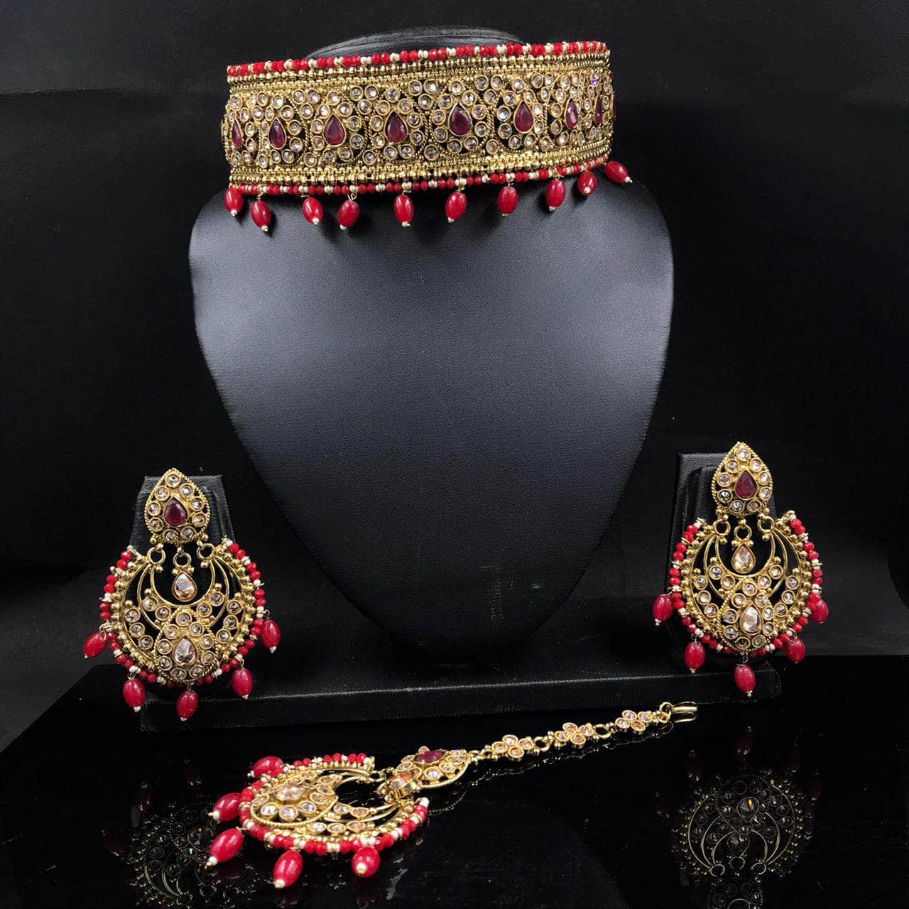Zevar choker necklace Red Stone-Studded Pearls Choker Jewellery Set By Zevar