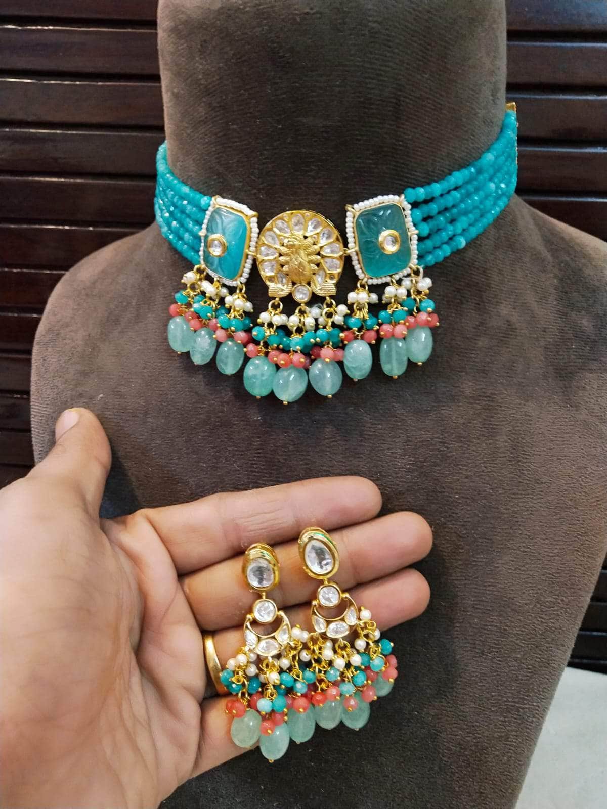 Zevar choker necklace Sky Blue Pearl & Beads Kundan Choker Necklace By Zevar