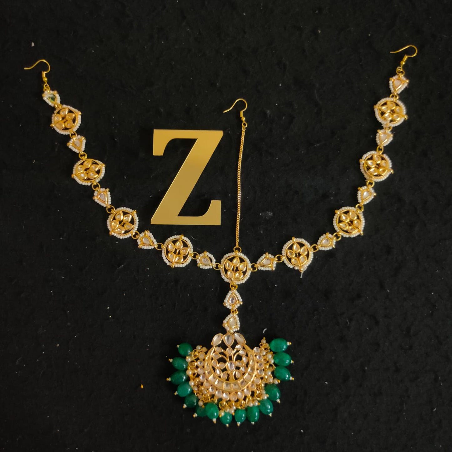 Zevar Copy of Gold-Plated White & Green Kundan-Studded & Pearl Beaded Handcrafted Matha Patti By Zevar