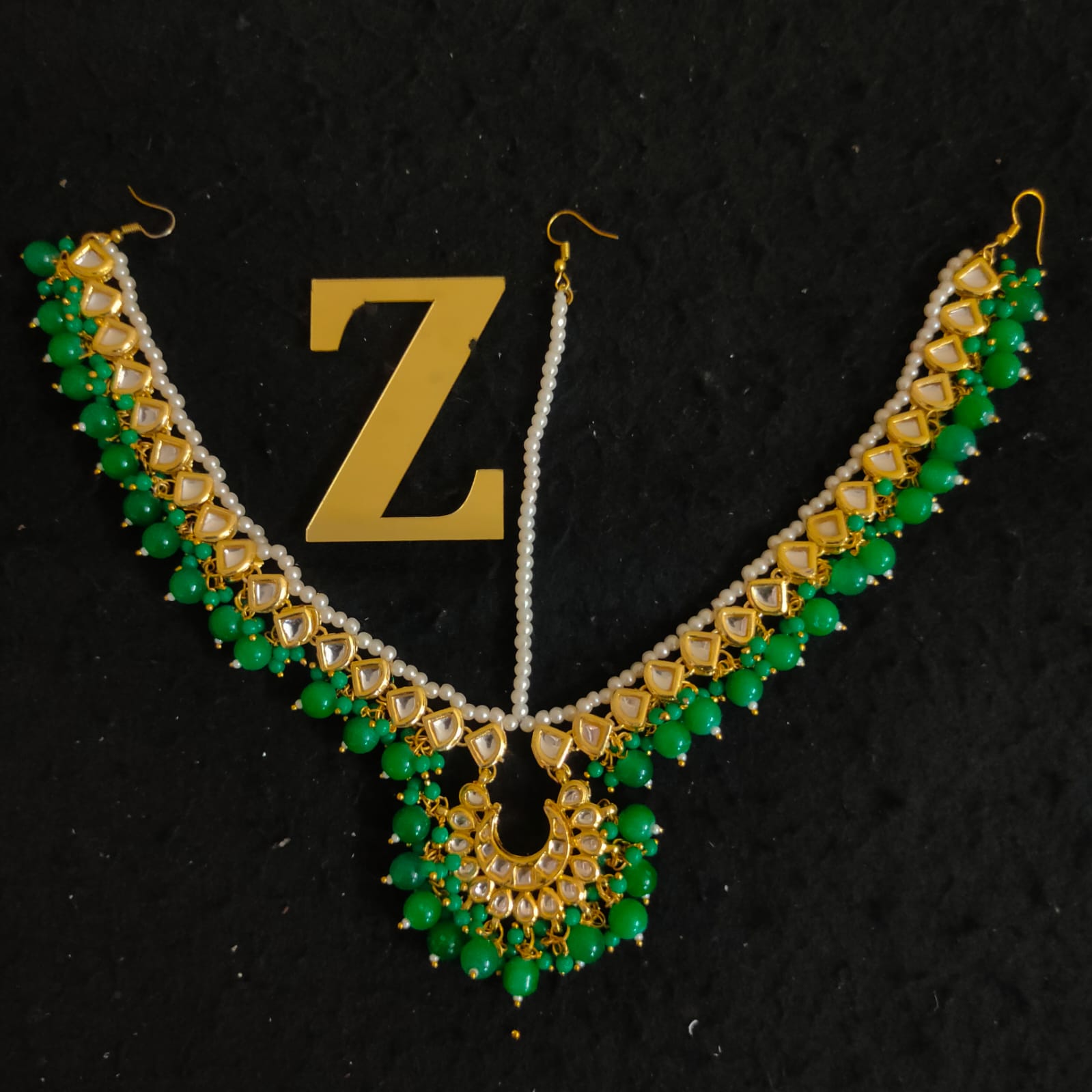 Zevar Copy of Gold-Plated White & Green Kundan-Studded & Pearl Beaded Handcrafted Matha Patti By Zevar