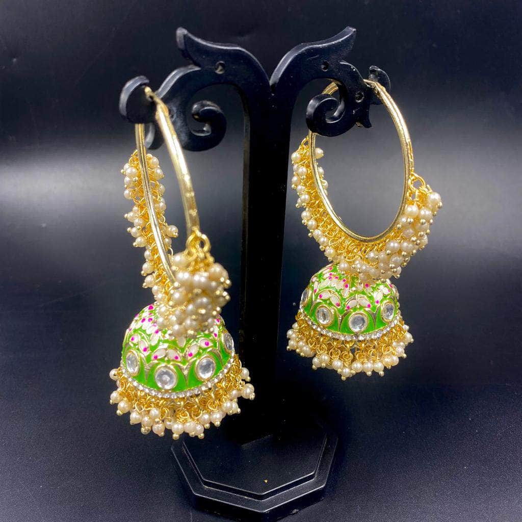 Zevar Earrings A Beautifull Green Hoop Earring Hand Painted Meenakari Jhumka By Zevar.