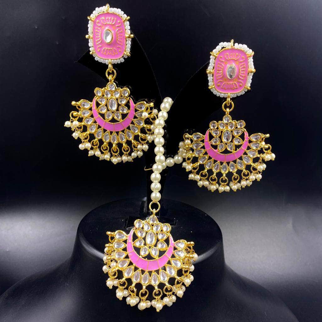 Zevar Earrings Beautiful Kundan Tikka w/ Earring Set- Indian Bridal Maang Tikka, Tikka - Handmade Pearl Jewelry For Women