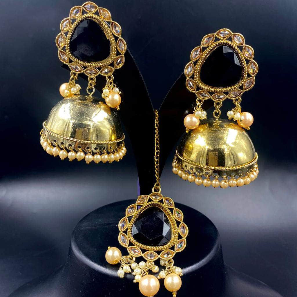 Zevar Earrings Beautiful & Lovely Black Jhumki Earrings With Maang Tika/Indian Traditional Handmade Jhumki Earrings/Gold Plated Earrings By Zevar.