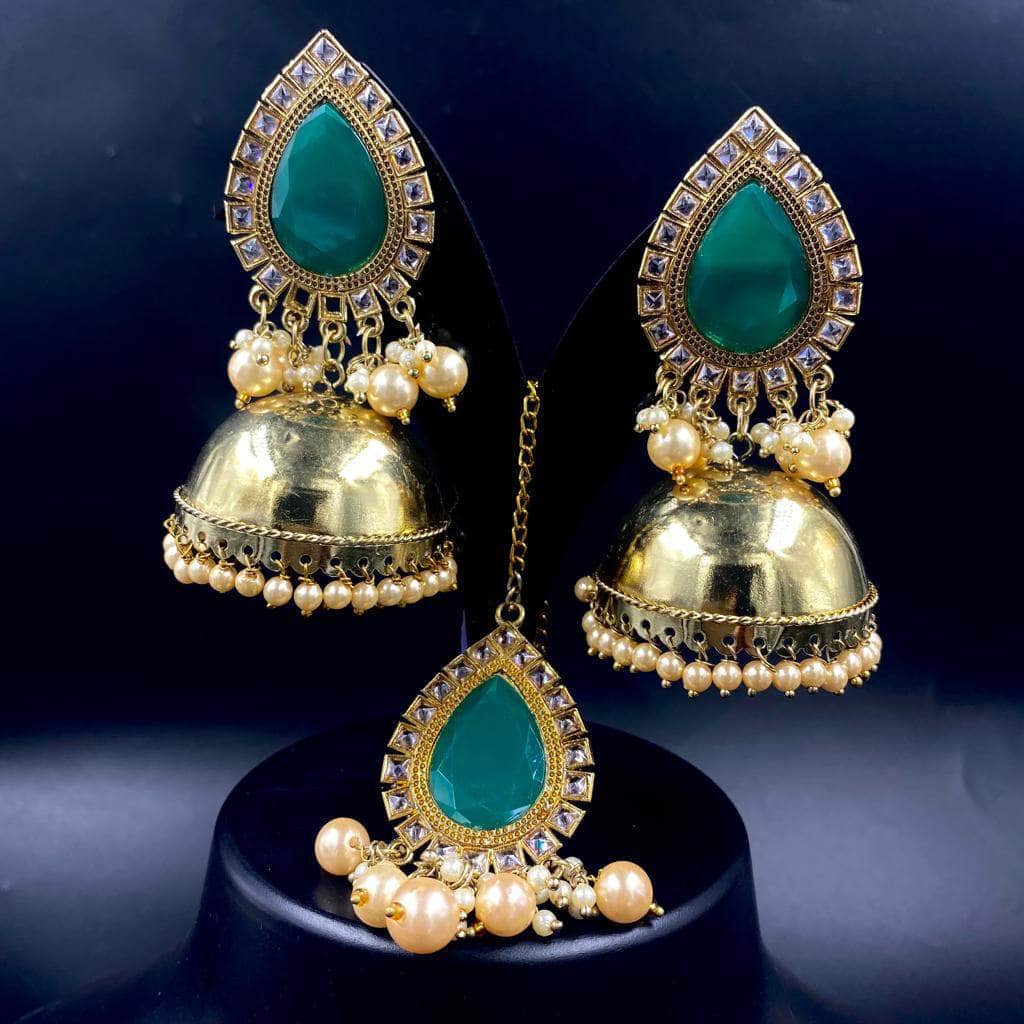 Zevar Earrings Beautiful & Lovely Green Jhumki Earrings With Maang Tika/Indian Traditional Handmade Jhumki Earrings/Gold Plated Earrings By Zevar.