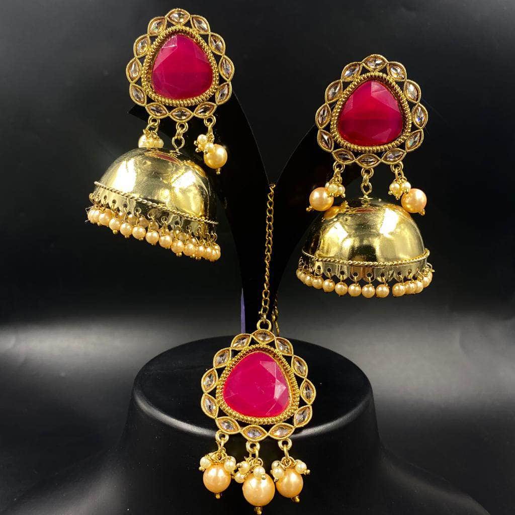 Zevar Earrings Beautiful Red Jhumki Earrings With Maang Tika/Indian Traditional Handmade Jhumki Earrings/Gold Plated Earrings By Zevar.
