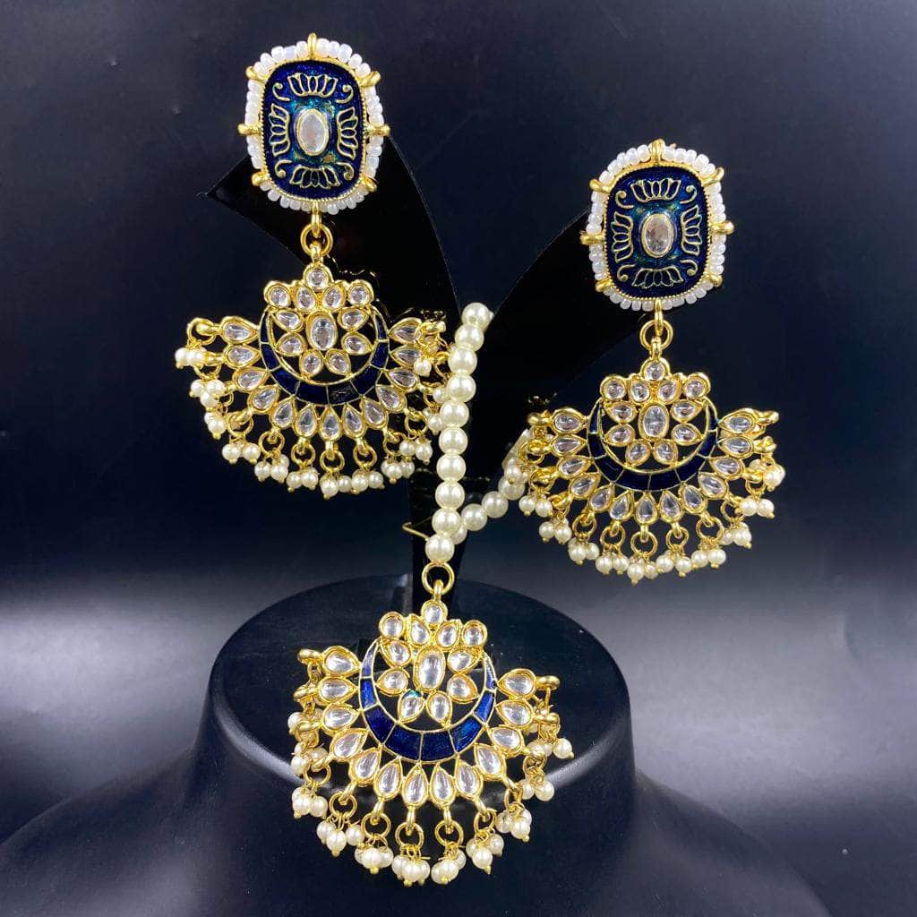 Zevar Earrings Beautifull Blue Large Maang Tikka Chandbali Earrings Combo / Indian Wedding Jewelry / Traditional Bridal Earrings Set Zevar.