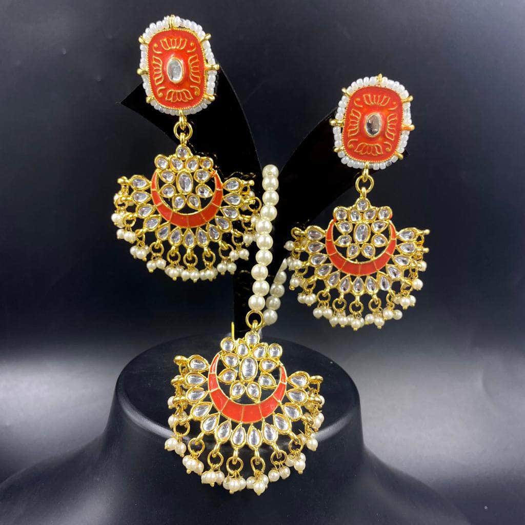 Zevar Earrings Beautifull Orange Large Maang Tikka Chandbali Earrings Combo / Indian Wedding Jewelry / Traditional Bridal Earrings Set Zevar.