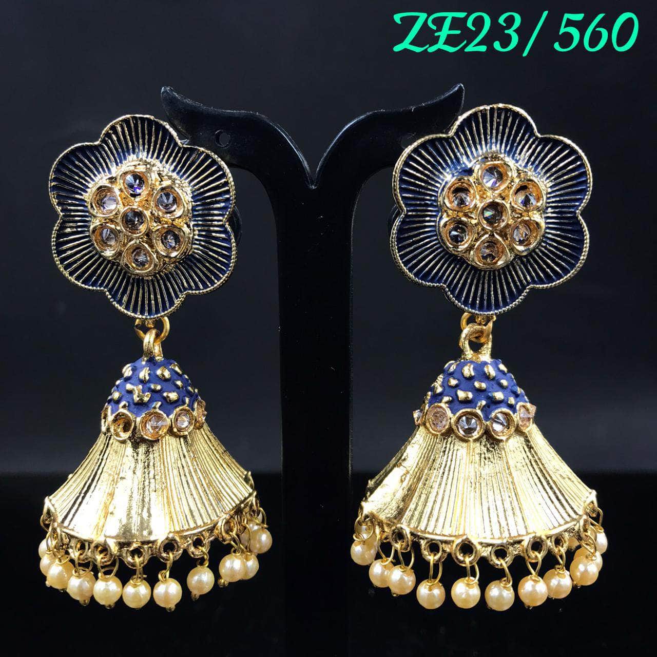 Blue Color Kundan Statement Pearl Ethnic Earrings | FashionCrab.com