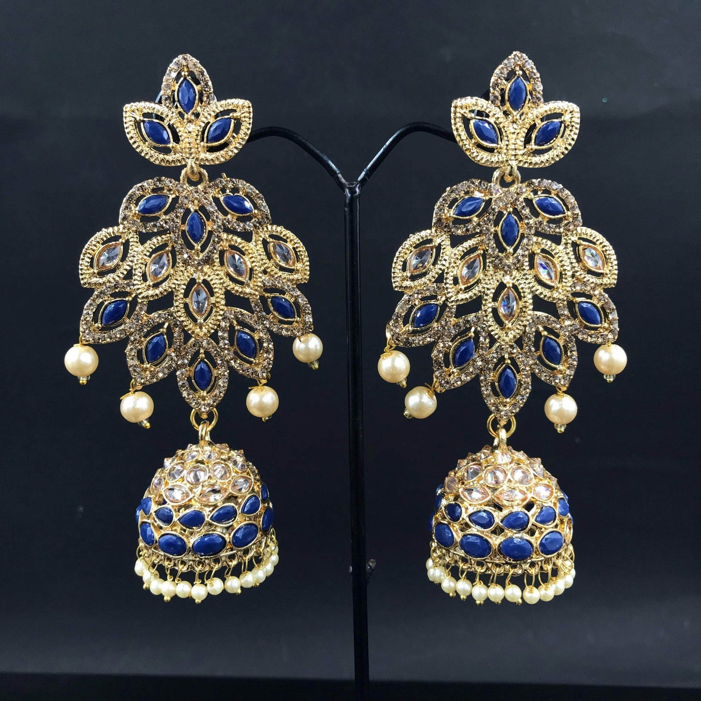 Zevar Earrings Blue Kundan Gold Pleted & Pear Long Earrings Design By Zevar