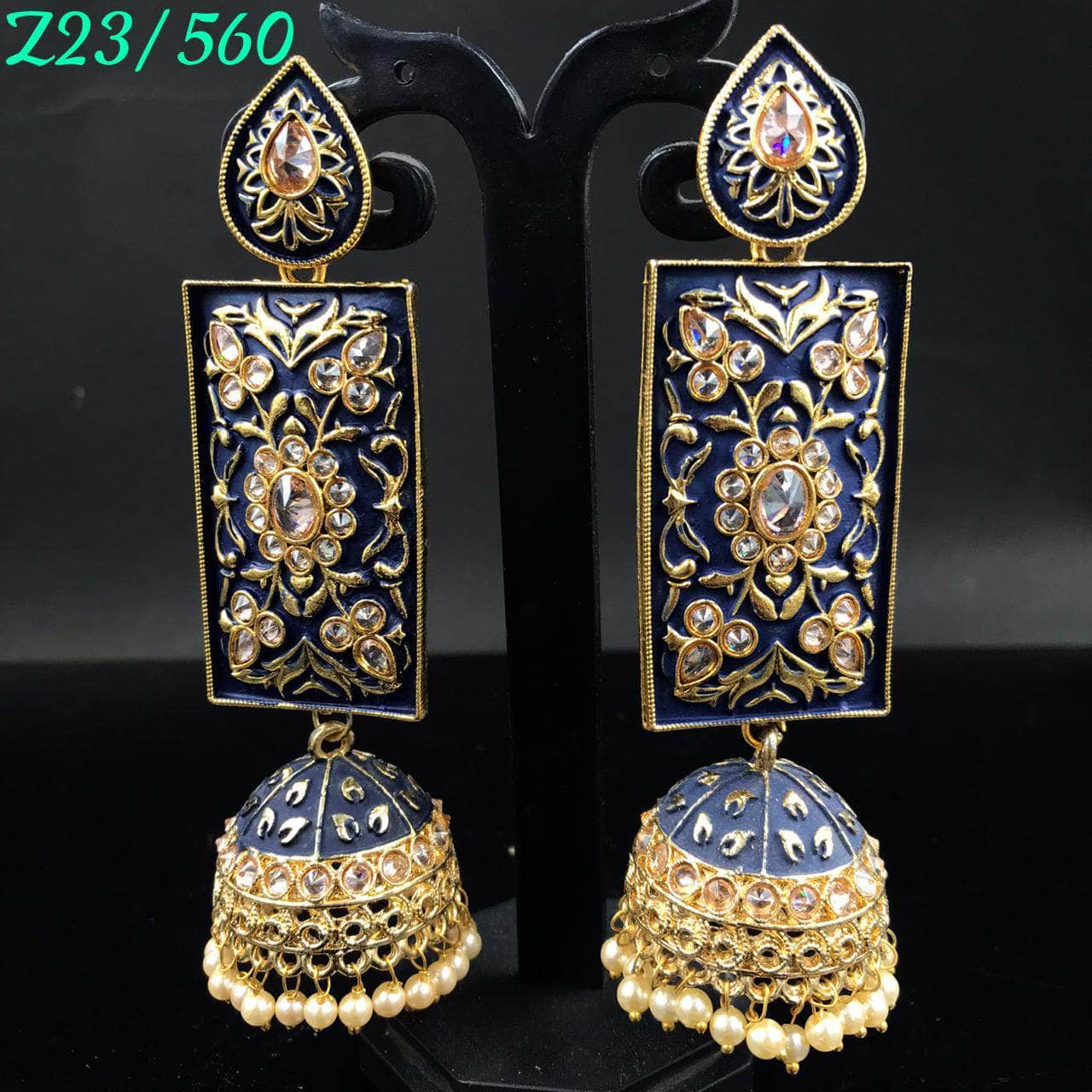 Zevar Earrings Blue Kundan Minakari Long Jhumka earrings Design By Zevar