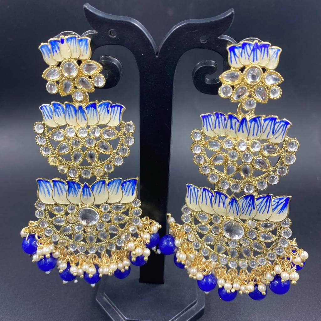Zevar Earrings Blue Kundan & Pearl Long Earrings Set By Zevar.