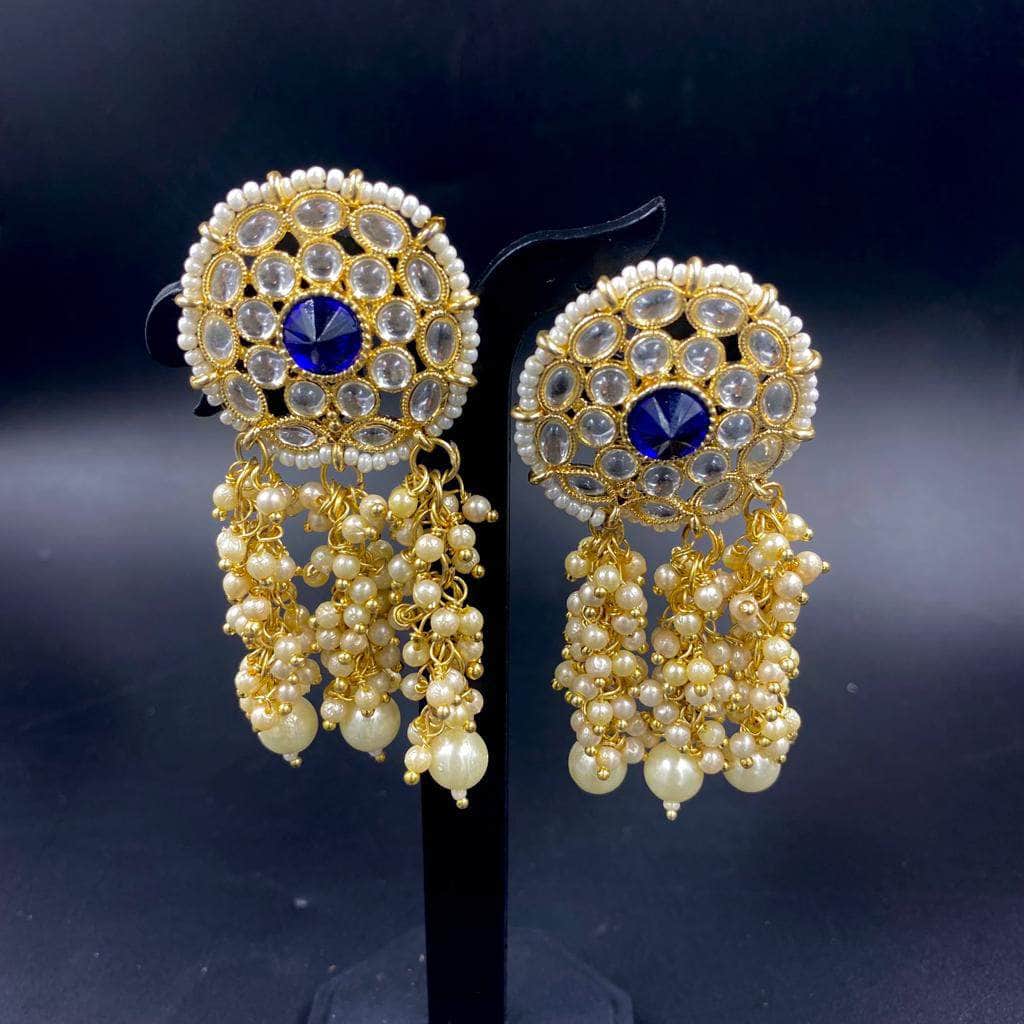 Zevar Earrings Blue Kundan Silver Jhumka,Indian Jewelry,Floral Design,Round Earrings,White Pearl By Zevar.