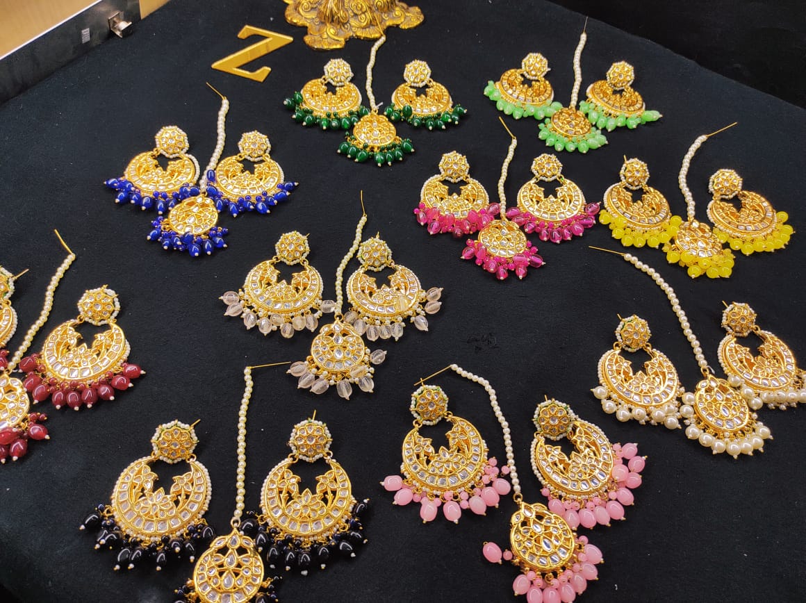 Zevar Earrings Copy of High Quality kundan earrings With Maangtika Back Side Meenakari Work Set By Zevar