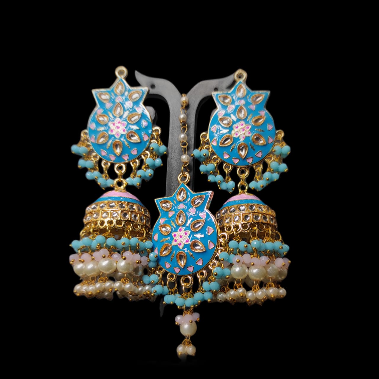 Zevar Earrings Copy of High Quality kundan earrings  With Maangtika Set By Zevar