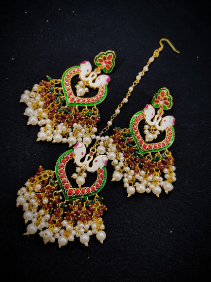 Zevar Earrings Copy of Traditional kundan earrings  With Maangtika Set By Zevar