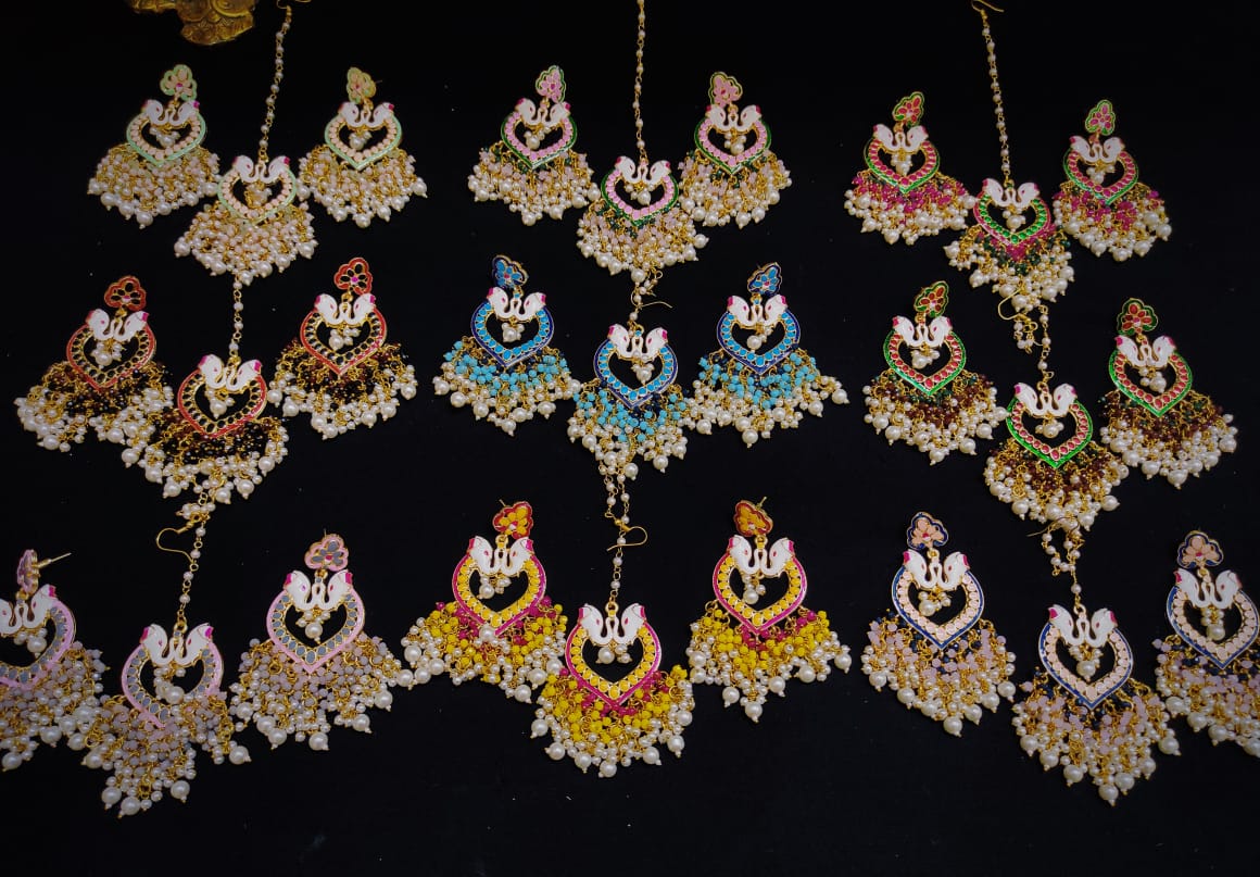 Zevar Earrings Copy of Traditional kundan earrings  With Maangtika Set By Zevar