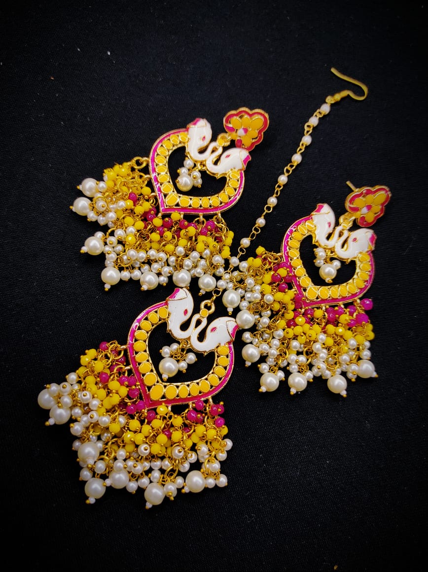 Zevar Earrings Copy of Traditional kundan earrings  With Maangtika Set By Zevar