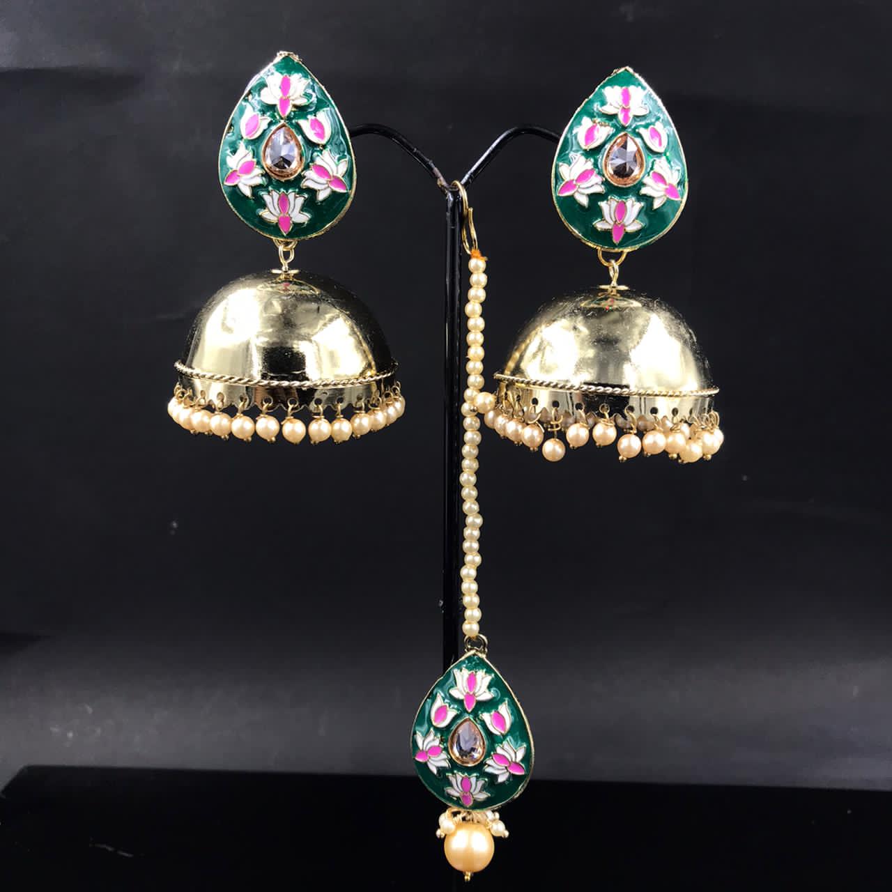 Zevar Earrings Dark-green Kundan Pearl Earrings Jhumkas Design By Zevar
