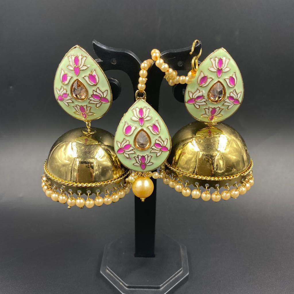 Zevar Earrings Gold Plated Meenakari Maangtikka And Earring Set by Zevar.