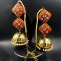 Zevar Earrings Gorgeous Stone jhumka with hair chains , Gold Gemstone Jewelry Chain Drop Dangle Earrings By Zevar.