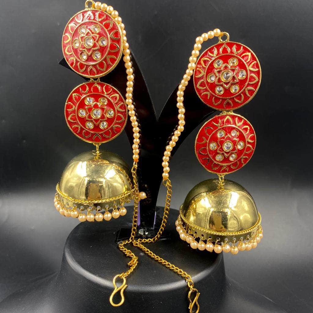 Zevar Earrings Gorgeous Stone jhumka with hair chains , Gold Gemstone Jewelry Chain Drop Dangle Earrings By Zevar.