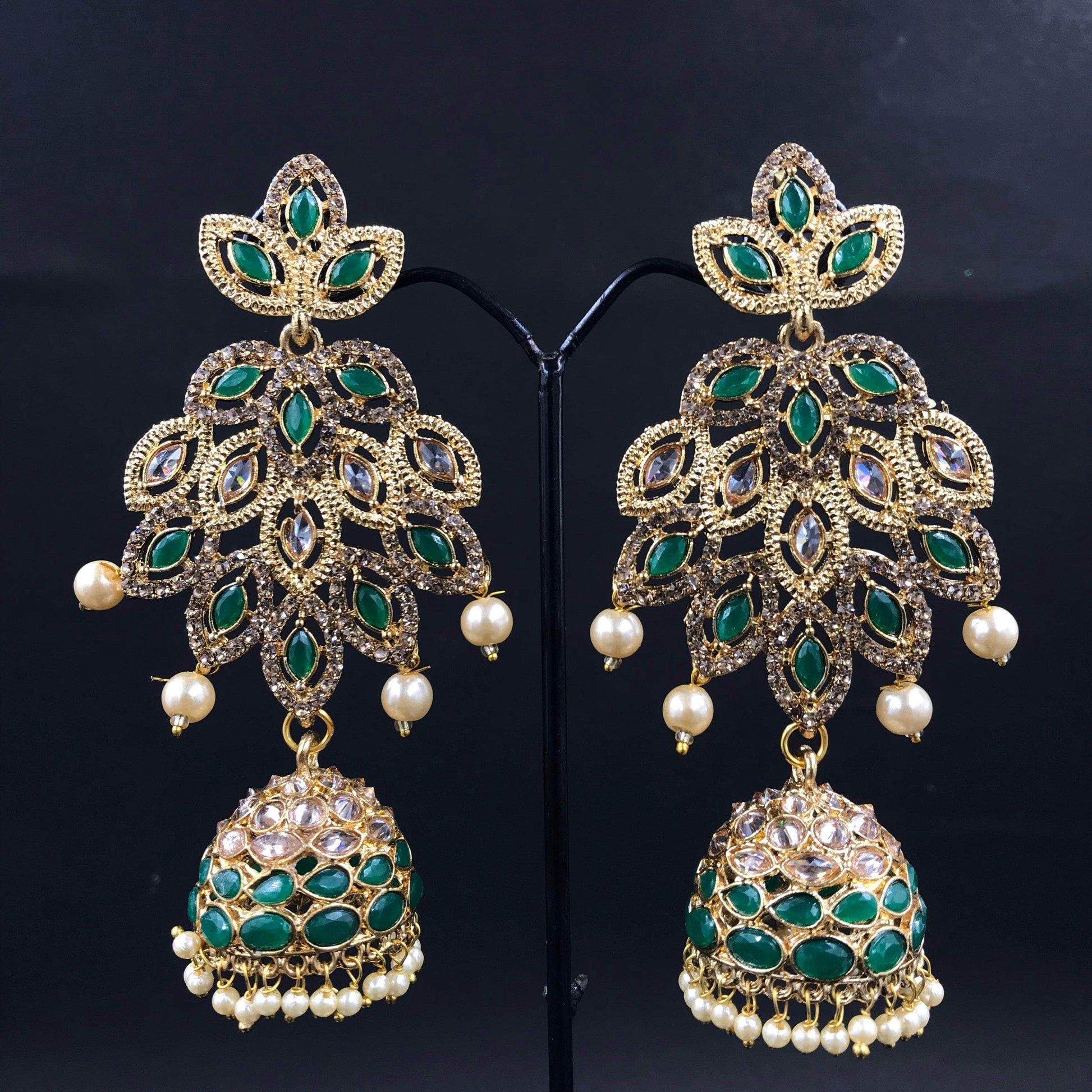 Zevar Earrings Green Kundan Gold Pleted & Pear Long Earrings Design By Zevar