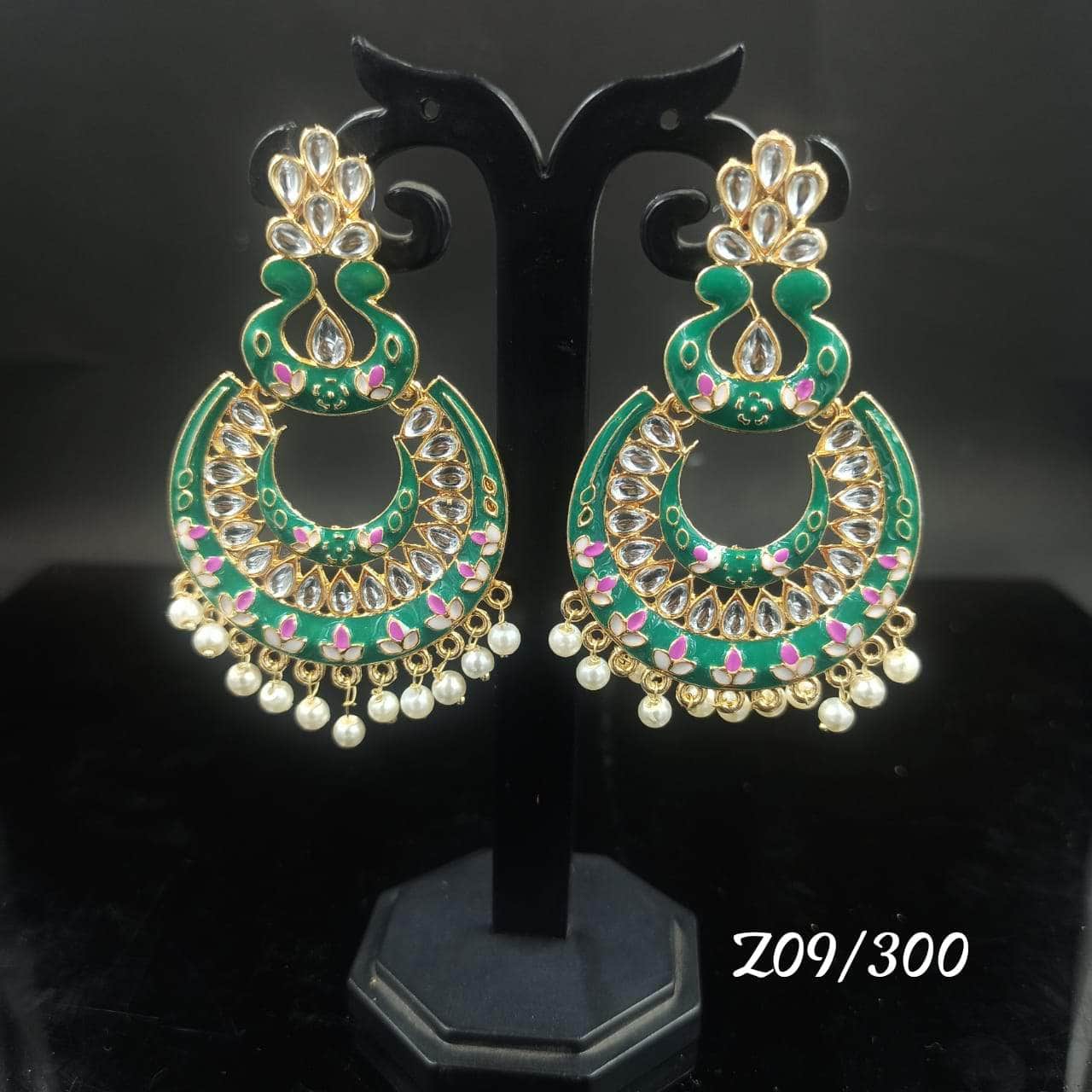 Zevar Earrings GREEN Kundan Minakari & Pearl Earrings Design By Zevar