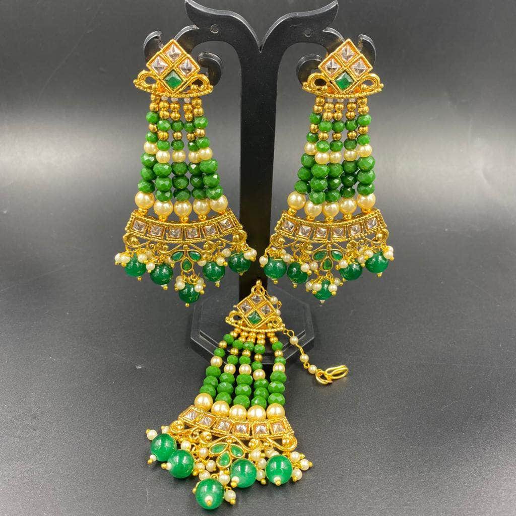 Zevar Earrings Green Kundan & Pearl Earrings & Maangtikka Set By Zevar.
