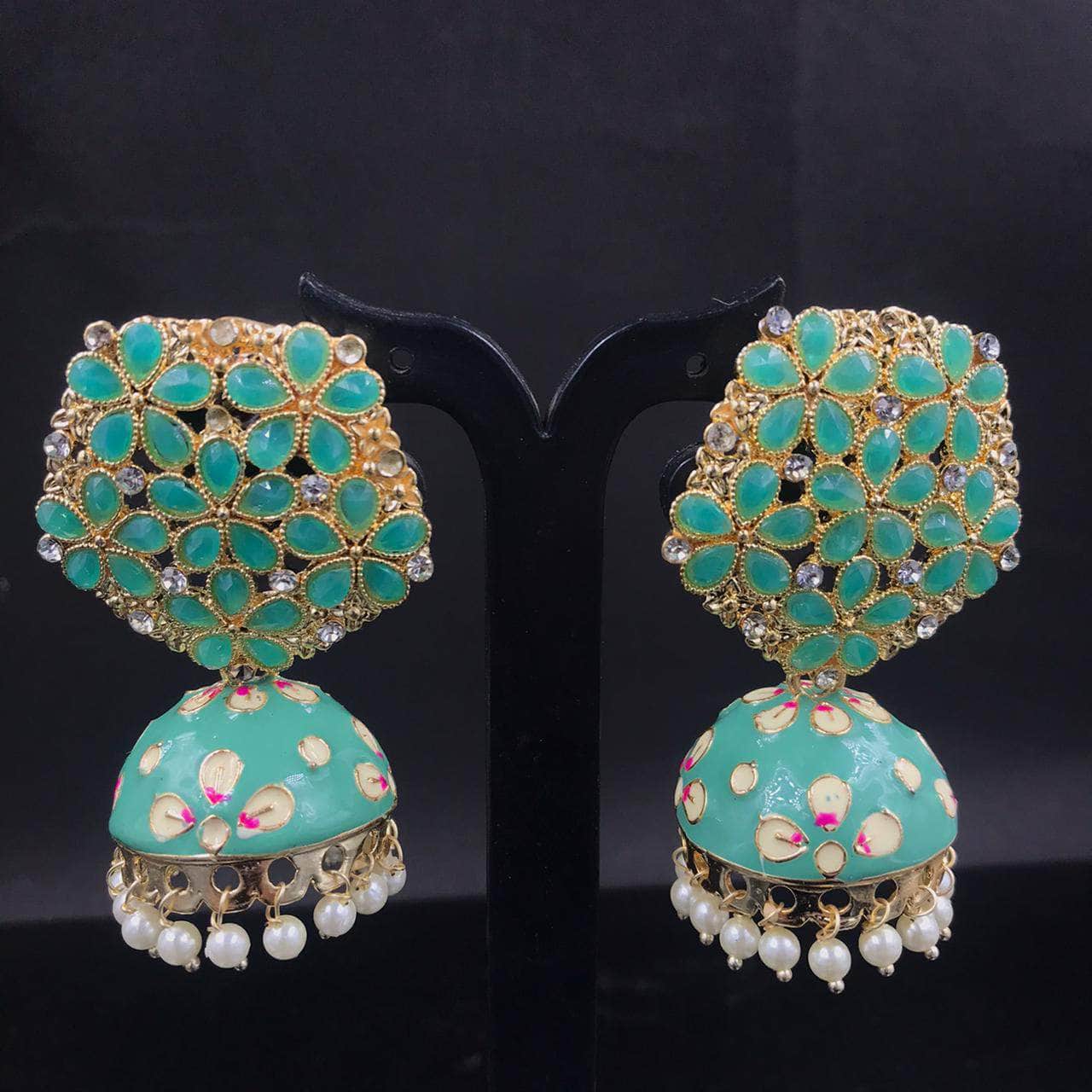Zevar Earrings Green Latest Kundan Stone Jhumka Earrings Design By Zevar